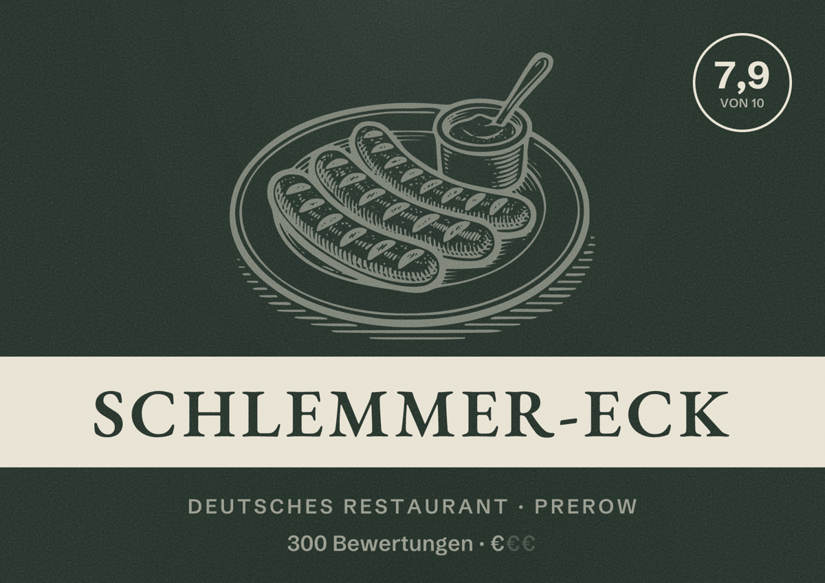 Illustriertes Poster von Schlemmer-Eck, Deutsches Restaurant in Prerow: Bewertung 7,9 von 10 aus 300 Bewertungen, Preisniveau €