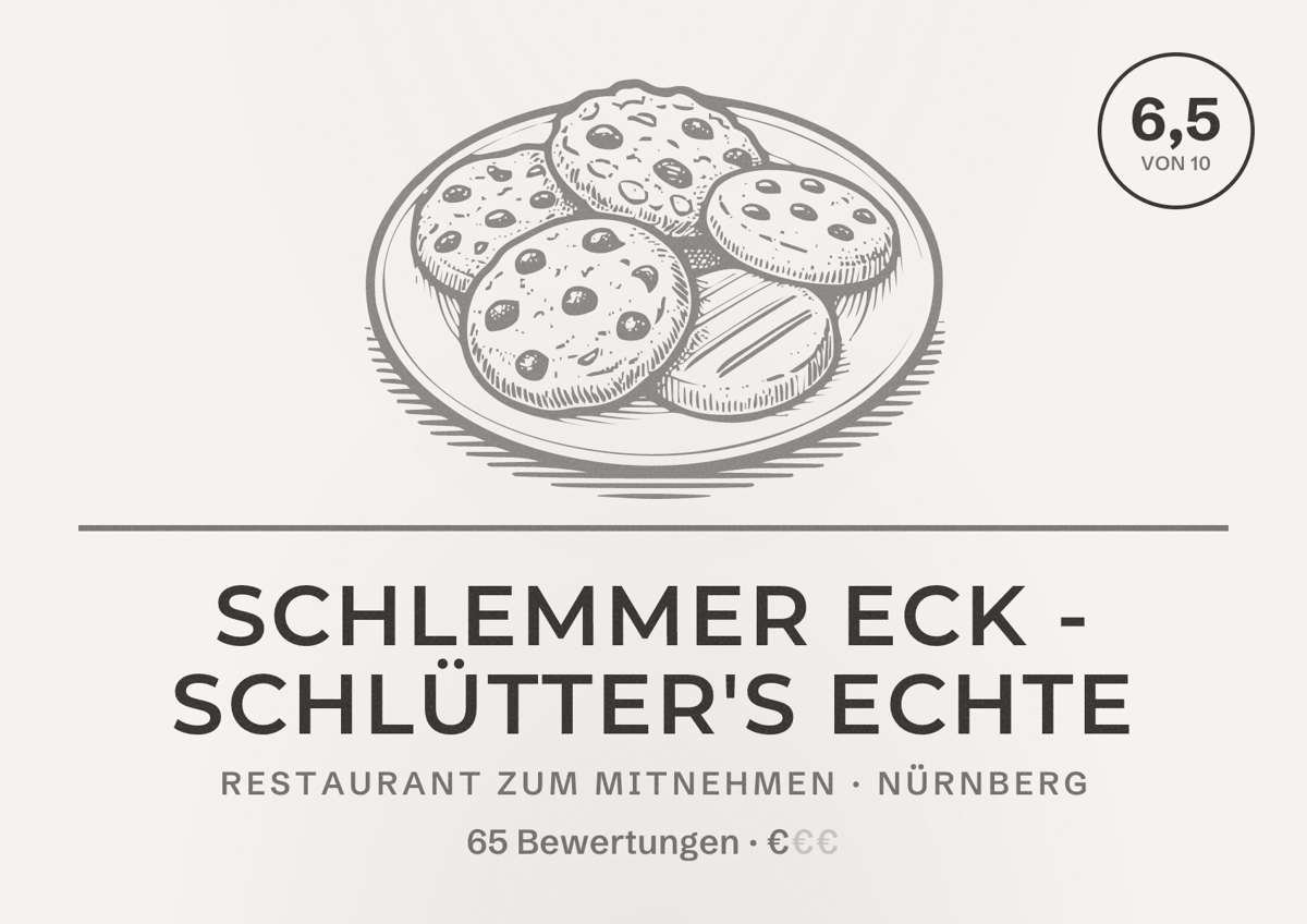 Illustriertes Poster von Schlemmer Eck - Schlütter's Echte, Restaurant zum Mitnehmen in Nürnberg: Bewertung 6,5 von 10 aus 65 Bewertungen, Preisniveau €