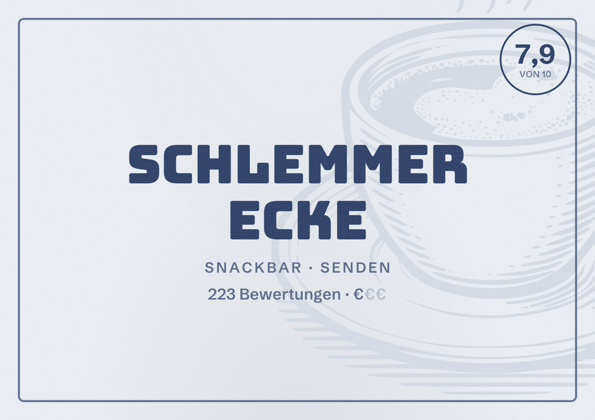 Illustriertes Poster von Schlemmer Ecke, Snackbar in Senden: Bewertung 7,9 von 10 aus 223 Bewertungen, Preisniveau €