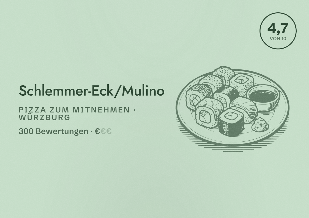 Illustriertes Poster von Schlemmer-Eck/Mulino, Pizza zum Mitnehmen in Würzburg: Bewertung 4,7 von 10 aus 300 Bewertungen, Preisniveau €
