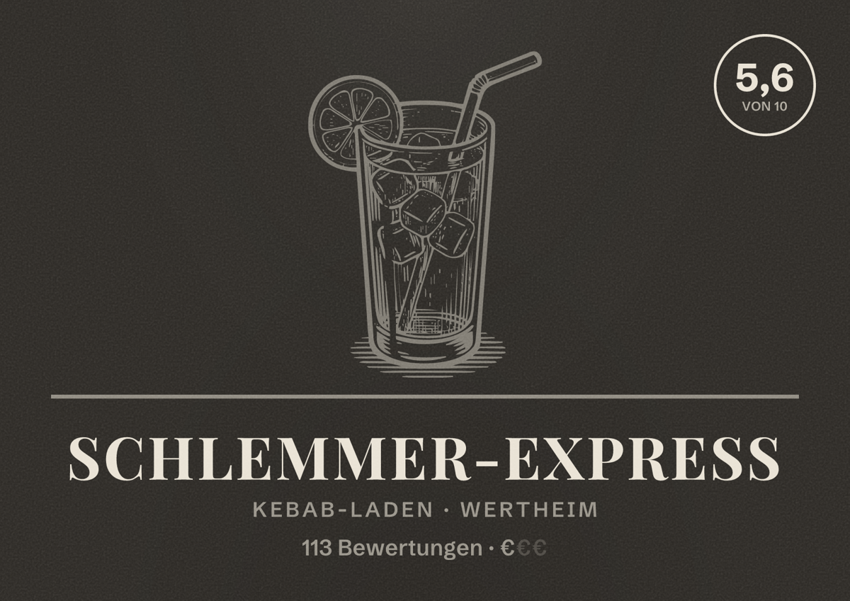 Illustriertes Poster von Schlemmer-Express, Kebab-Laden in Wertheim: Bewertung 5,6 von 10 aus 113 Bewertungen, Preisniveau €