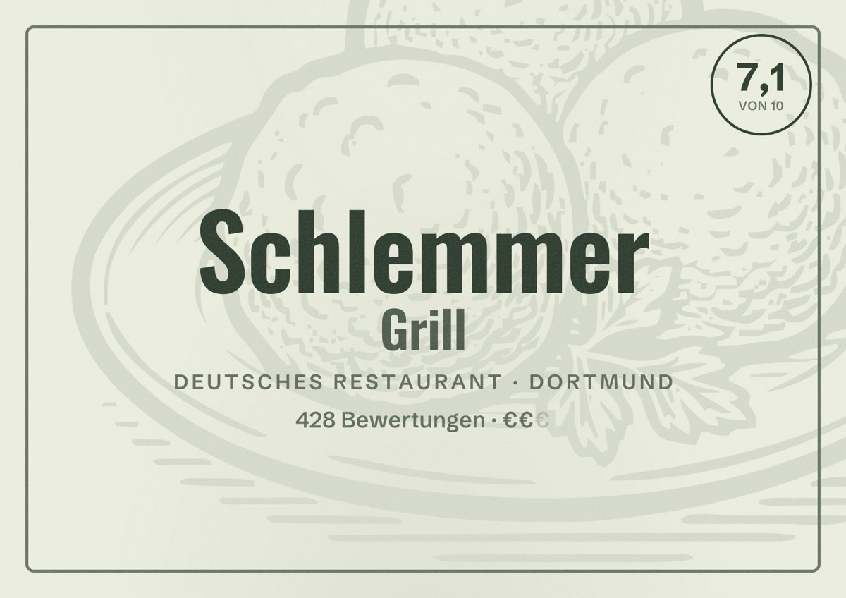 Illustriertes Poster von Schlemmer Grill, Deutsches Restaurant in Dortmund: Bewertung 7,1 von 10 aus 428 Bewertungen, Preisniveau €€