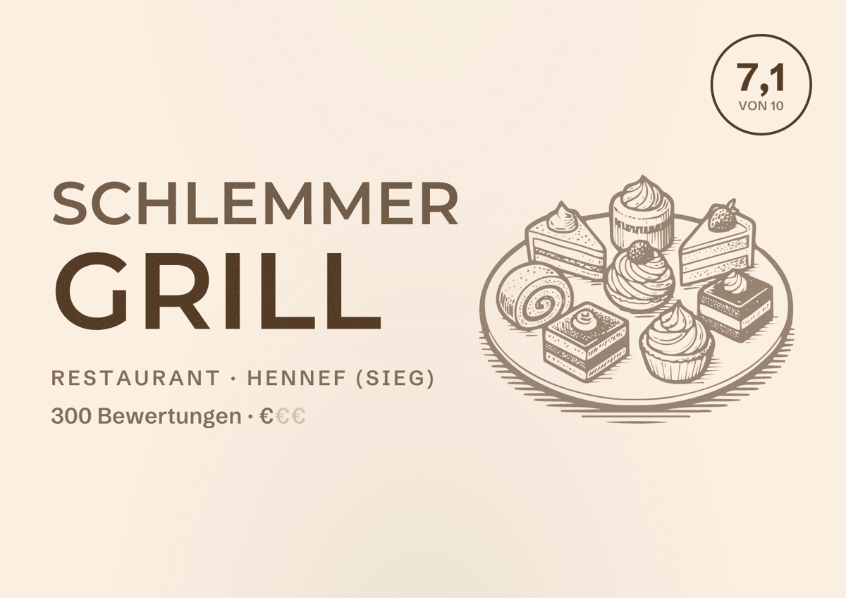 Illustriertes Poster von Schlemmer Grill, Restaurant in Hennef (Sieg): Bewertung 7,1 von 10 aus 300 Bewertungen, Preisniveau €