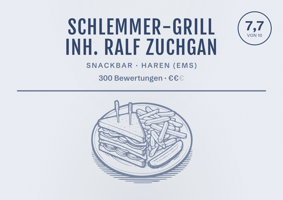 Illustriertes Poster von Schlemmer-Grill Inh. Ralf Zuchgan, Snackbar in Haren (Ems): Bewertung 7,7 von 10 aus 300 Bewertungen, Preisniveau €€