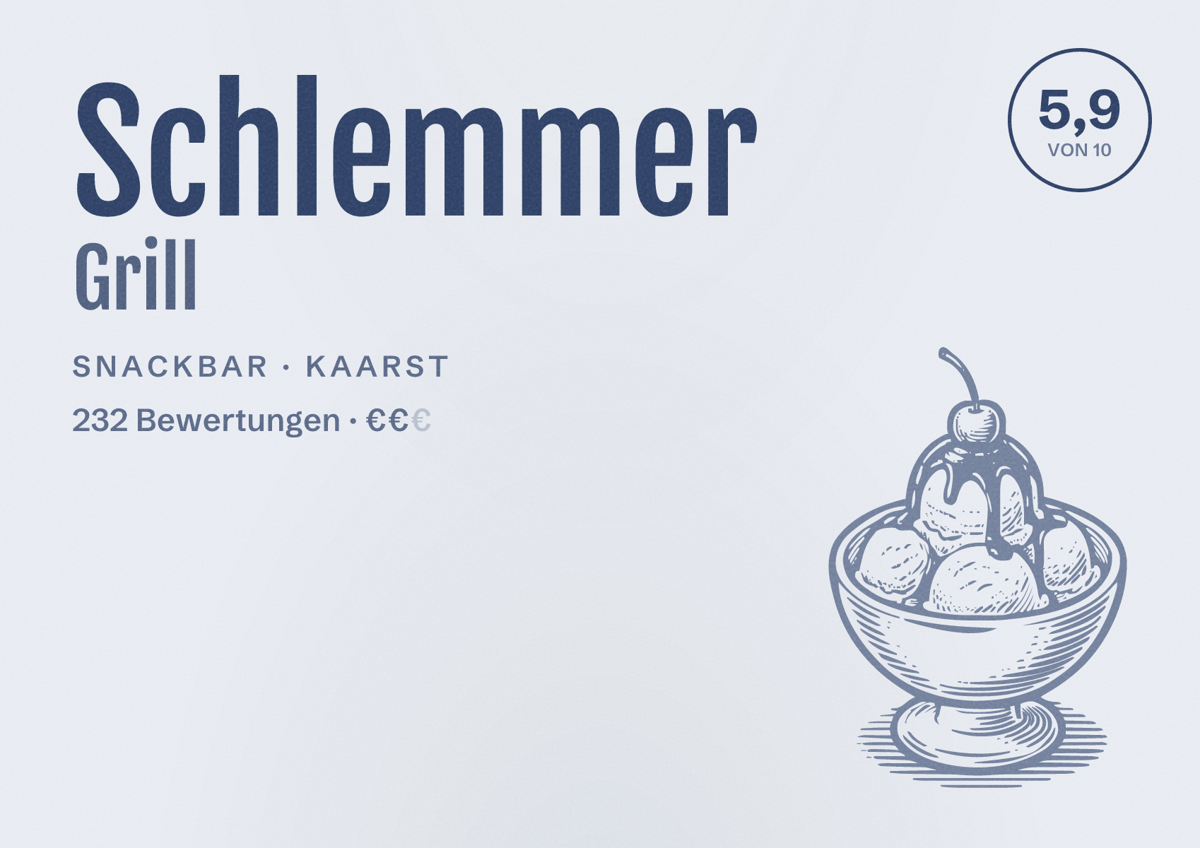 Illustriertes Poster von Schlemmer Grill, Snackbar in Kaarst: Bewertung 5,9 von 10 aus 232 Bewertungen, Preisniveau €€