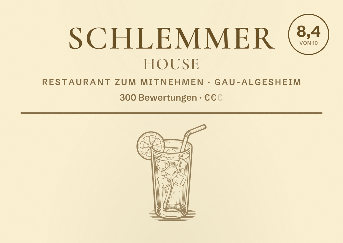 Illustriertes Poster von Schlemmer House, Restaurant zum Mitnehmen in Gau-Algesheim: Bewertung 8,4 von 10 aus 300 Bewertungen, Preisniveau €€