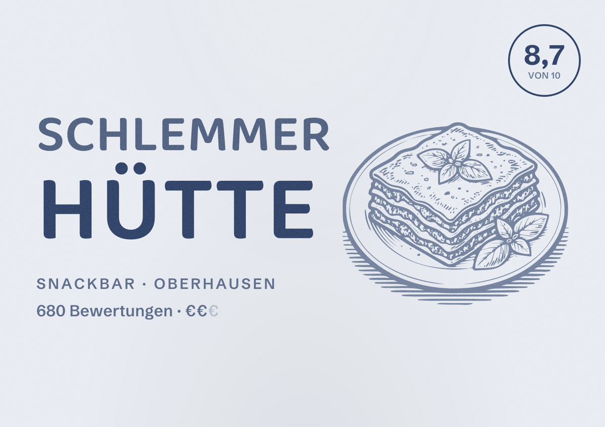 Illustriertes Poster von Schlemmer Hütte, Snackbar in Oberhausen: Bewertung 8,7 von 10 aus 680 Bewertungen, Preisniveau €€