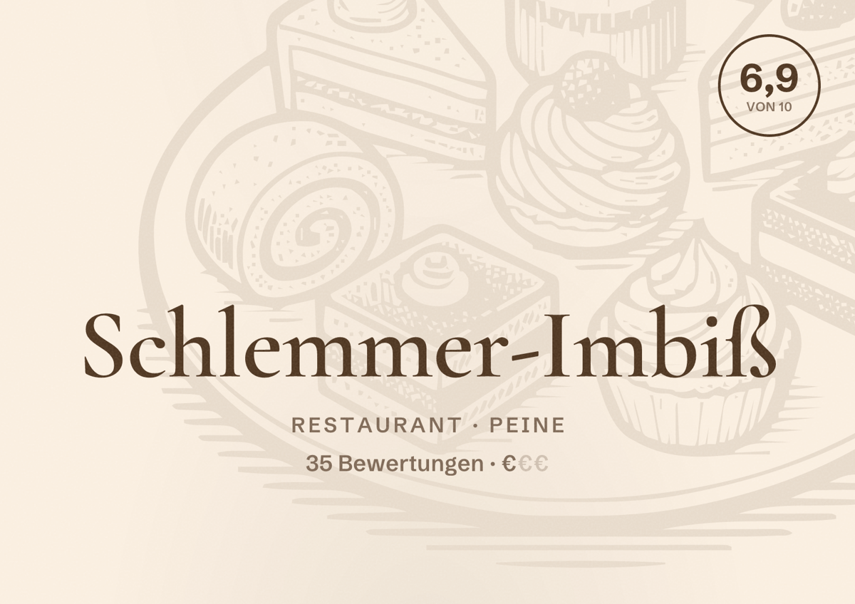 Illustriertes Poster von Schlemmer-Imbiß, Restaurant in Peine: Bewertung 6,9 von 10 aus 35 Bewertungen, Preisniveau €