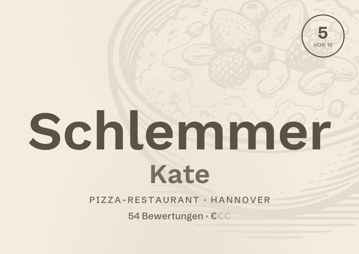 Illustriertes Poster von Schlemmer Kate, Pizza-Restaurant in Hannover: Bewertung 5 von 10 aus 54 Bewertungen, Preisniveau €