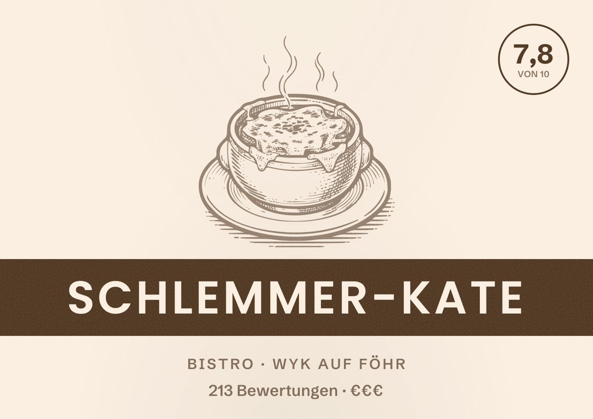 Illustriertes Poster von Schlemmer-Kate, Bistro in Wyk auf Föhr: Bewertung 7,8 von 10 aus 213 Bewertungen, Preisniveau €€€