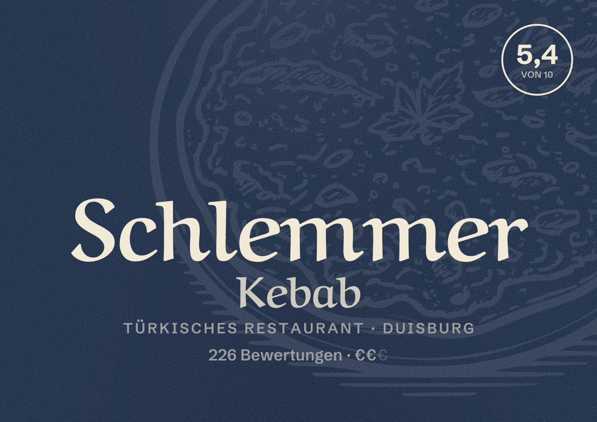 Illustriertes Poster von Schlemmer Kebab, Türkisches Restaurant in Duisburg: Bewertung 5,4 von 10 aus 226 Bewertungen, Preisniveau €€