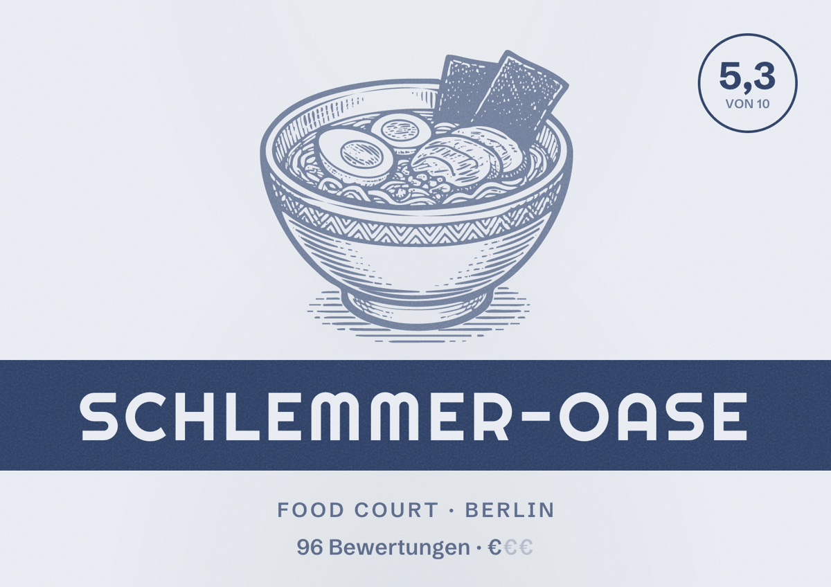 Illustriertes Poster von Schlemmer-Oase, Food Court in Berlin: Bewertung 5,3 von 10 aus 96 Bewertungen, Preisniveau €