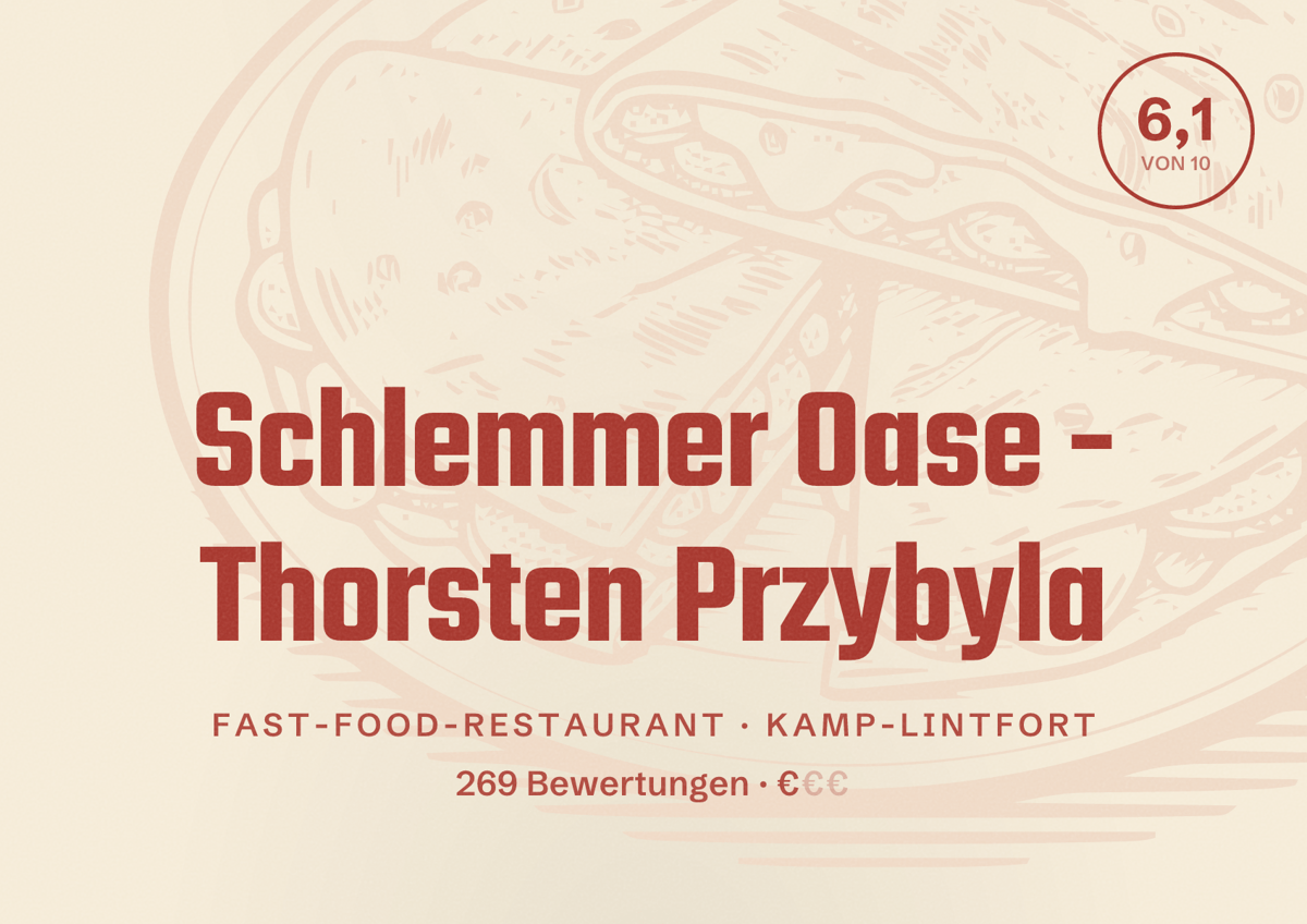 Illustriertes Poster von Schlemmer Oase - Thorsten Przybyla, Fast-Food-Restaurant in Kamp-Lintfort: Bewertung 6,1 von 10 aus 269 Bewertungen, Preisniveau €