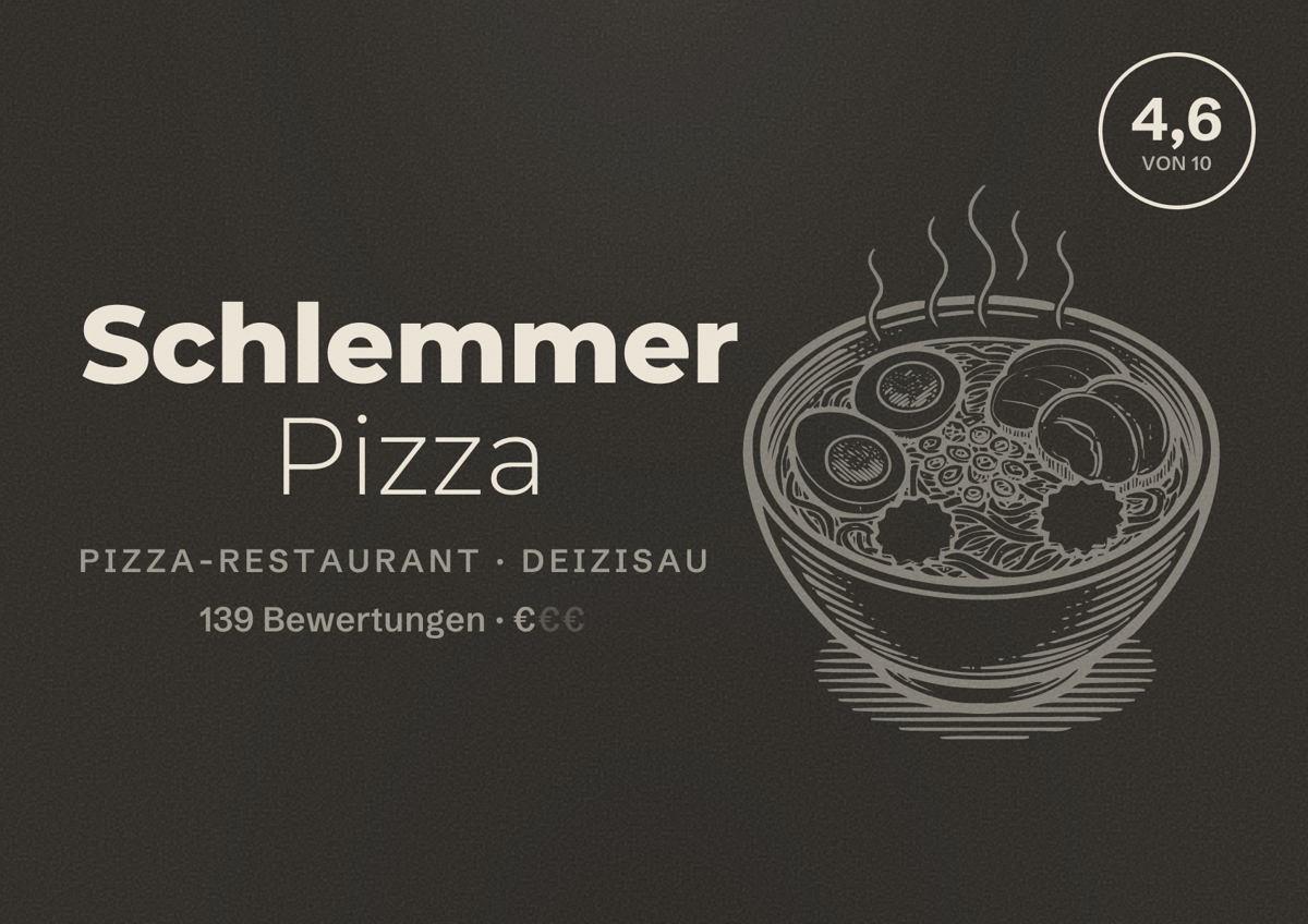 Illustriertes Poster von Schlemmer Pizza, Pizza-Restaurant in Deizisau: Bewertung 4,6 von 10 aus 139 Bewertungen, Preisniveau €