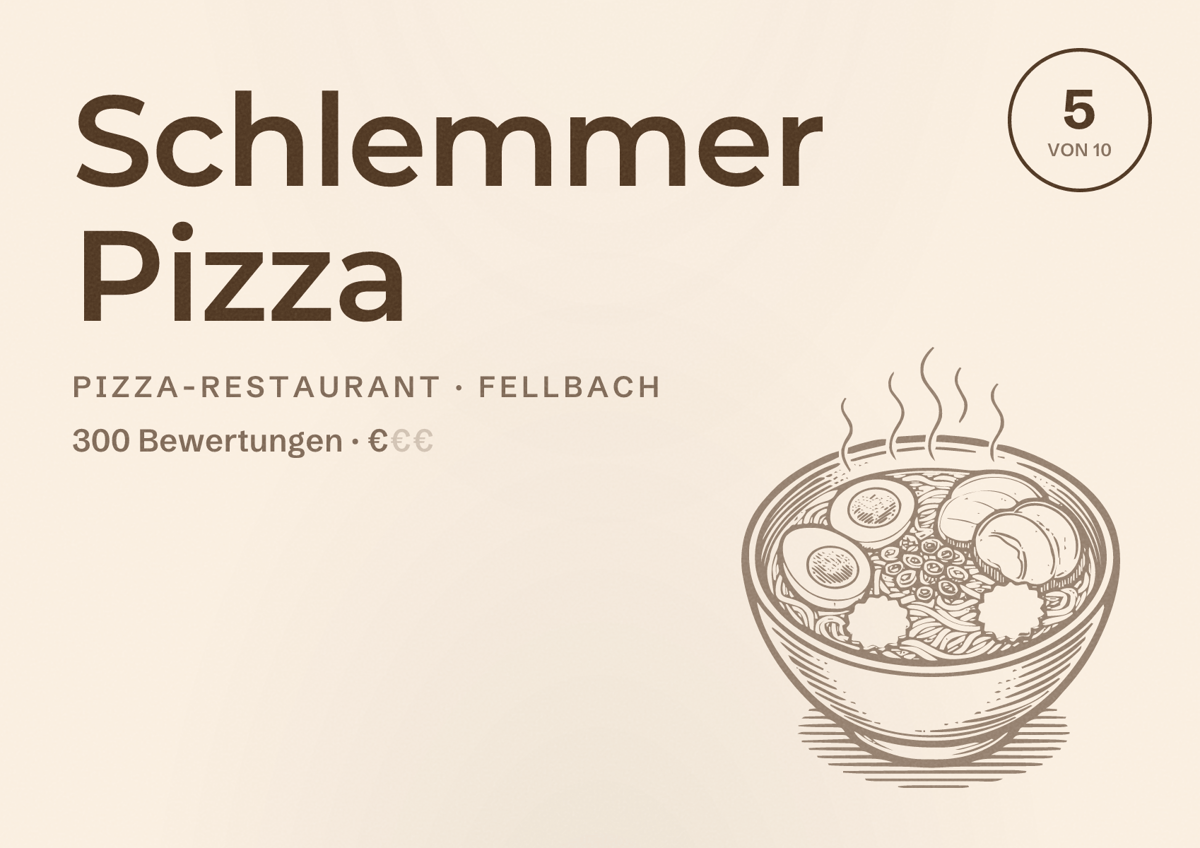 Illustriertes Poster von Schlemmer Pizza, Pizza-Restaurant in Fellbach: Bewertung 5 von 10 aus 300 Bewertungen, Preisniveau €