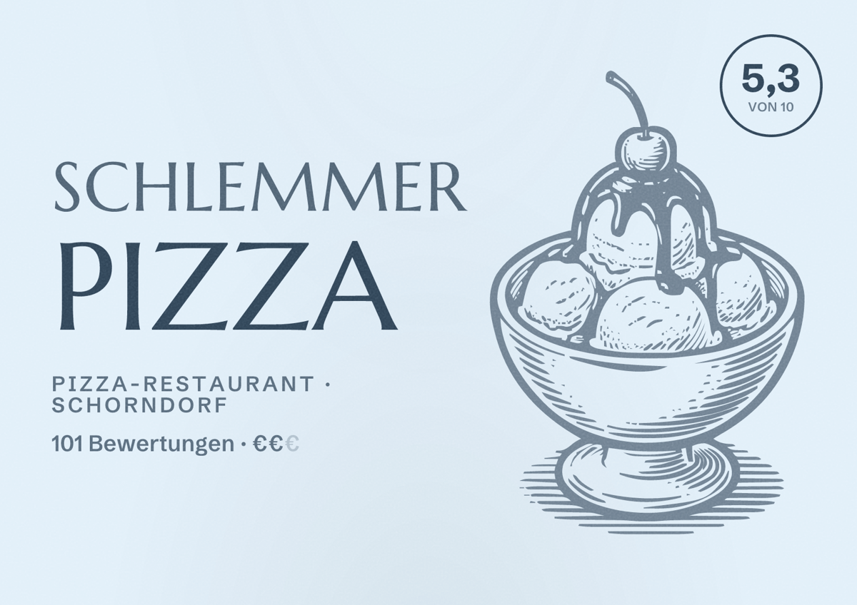 Illustriertes Poster von Schlemmer Pizza, Pizza-Restaurant in Schorndorf: Bewertung 5,3 von 10 aus 101 Bewertungen, Preisniveau €€