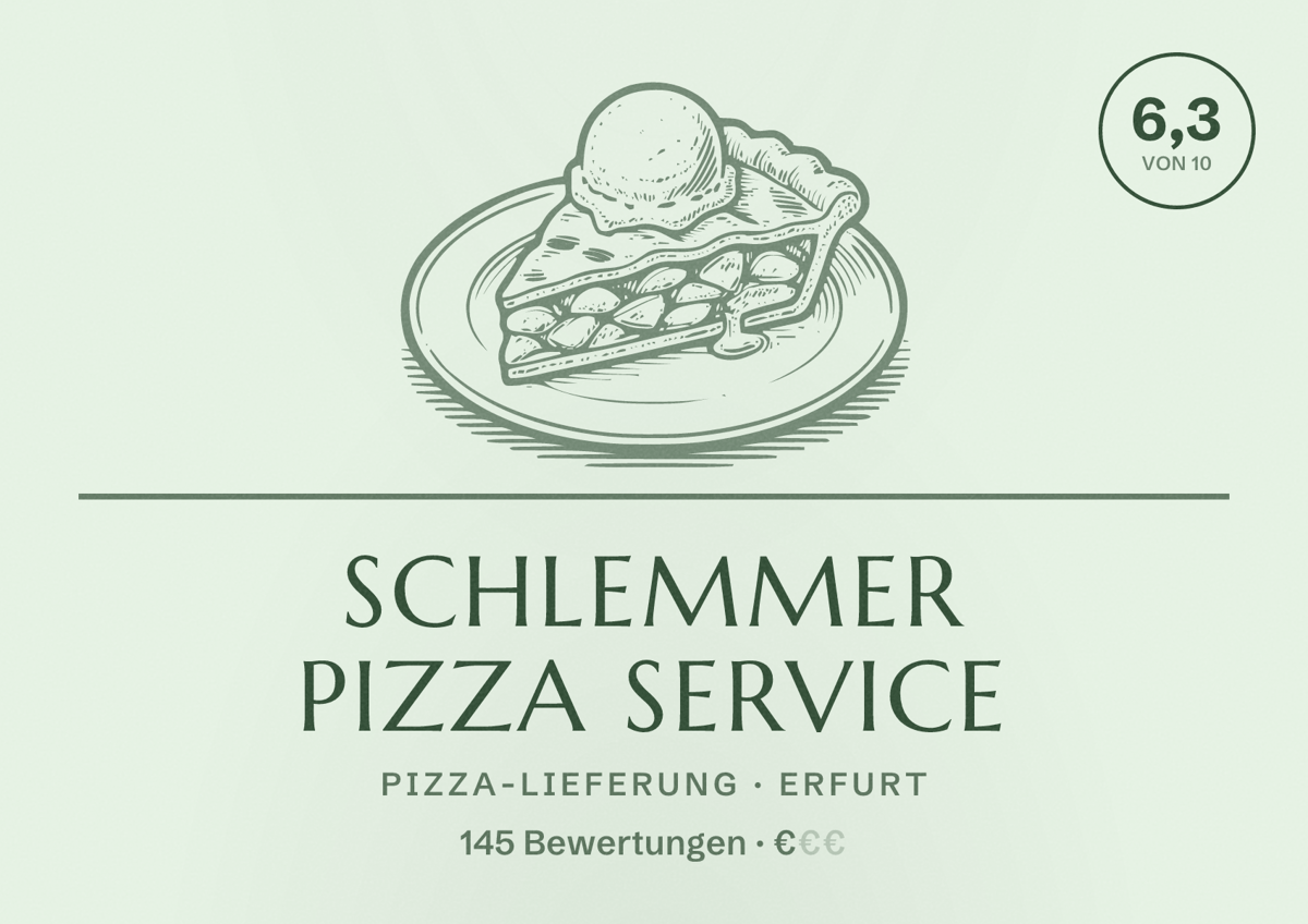 Illustriertes Poster von Schlemmer Pizza Service, Pizza-Lieferung in Erfurt: Bewertung 6,3 von 10 aus 145 Bewertungen, Preisniveau €