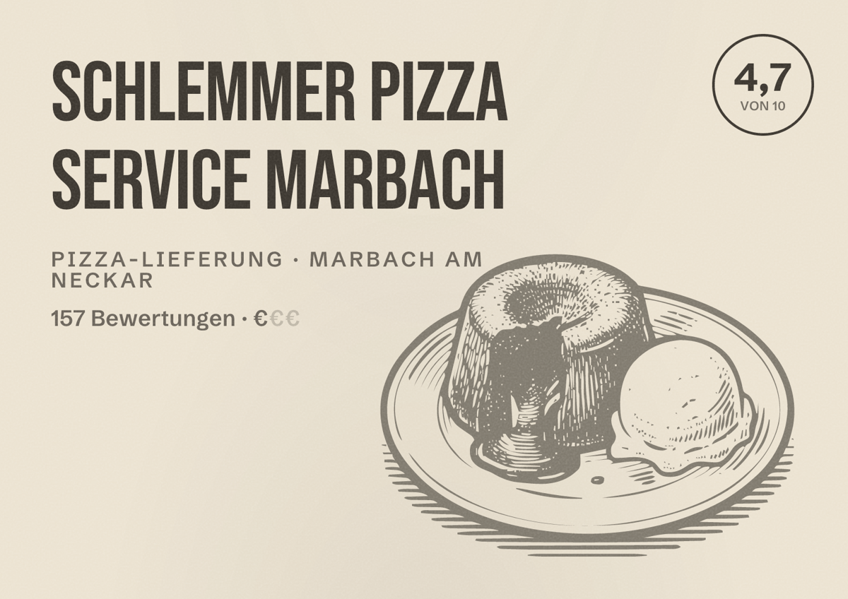Illustriertes Poster von Schlemmer Pizza Service Marbach, Pizza-Lieferung in Marbach am Neckar: Bewertung 4,7 von 10 aus 157 Bewertungen, Preisniveau €