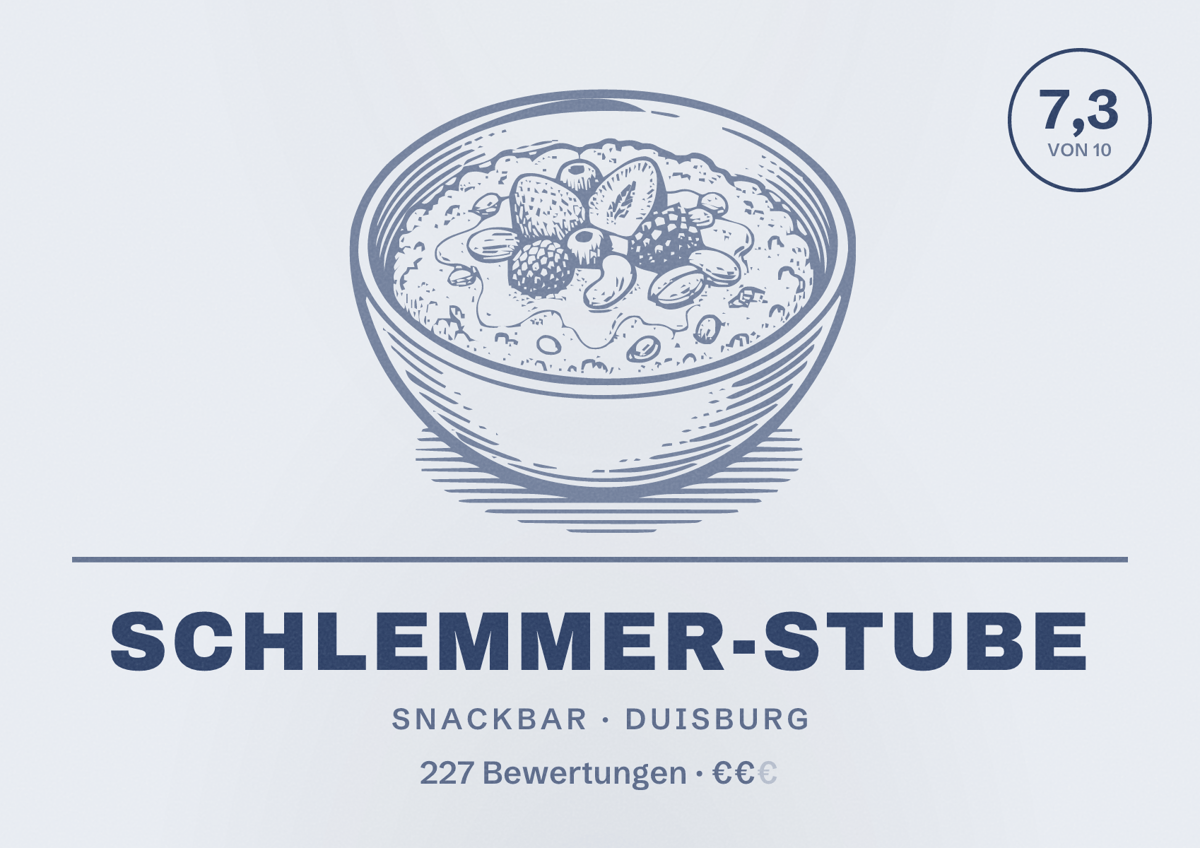 Illustriertes Poster von Schlemmer-Stube, Snackbar in Duisburg: Bewertung 7,3 von 10 aus 227 Bewertungen, Preisniveau €€