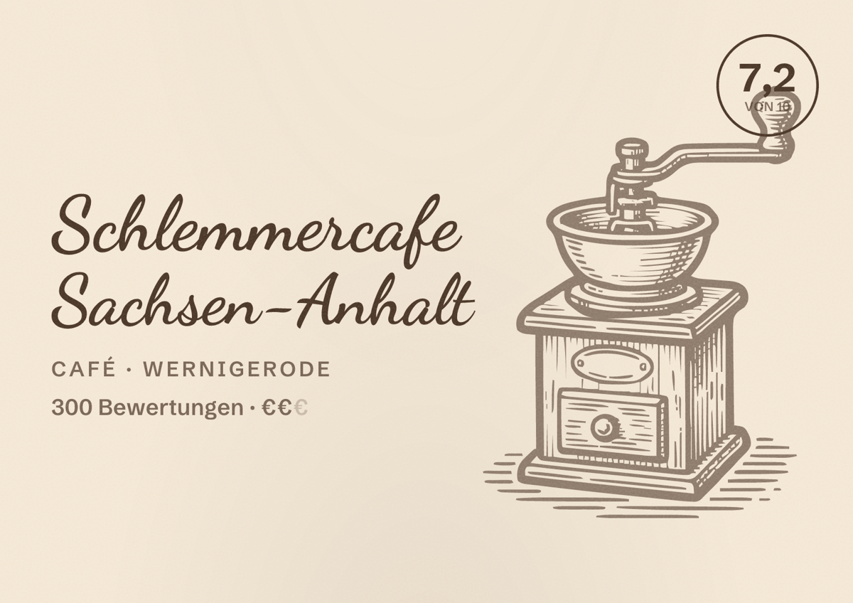 Illustriertes Poster von Schlemmercafe Sachsen-Anhalt, Café in Wernigerode: Bewertung 7,2 von 10 aus 300 Bewertungen, Preisniveau €€