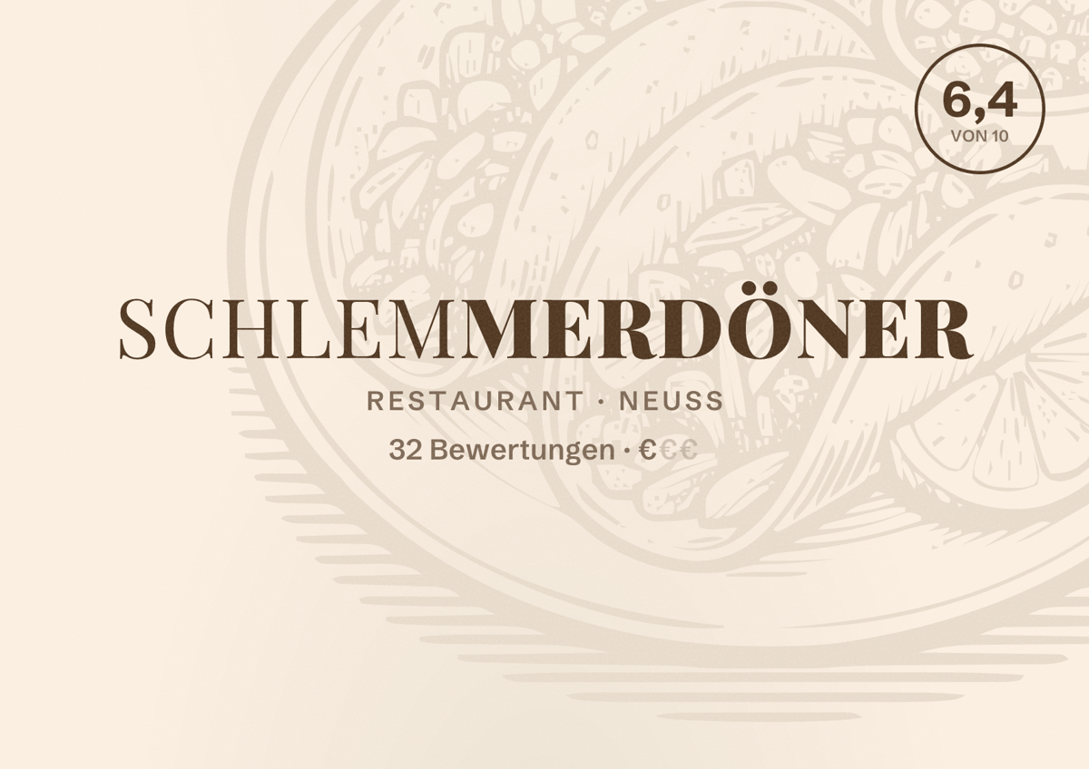 Illustriertes Poster von Schlemmerdöner, Restaurant in Neuss: Bewertung 6,4 von 10 aus 32 Bewertungen, Preisniveau €