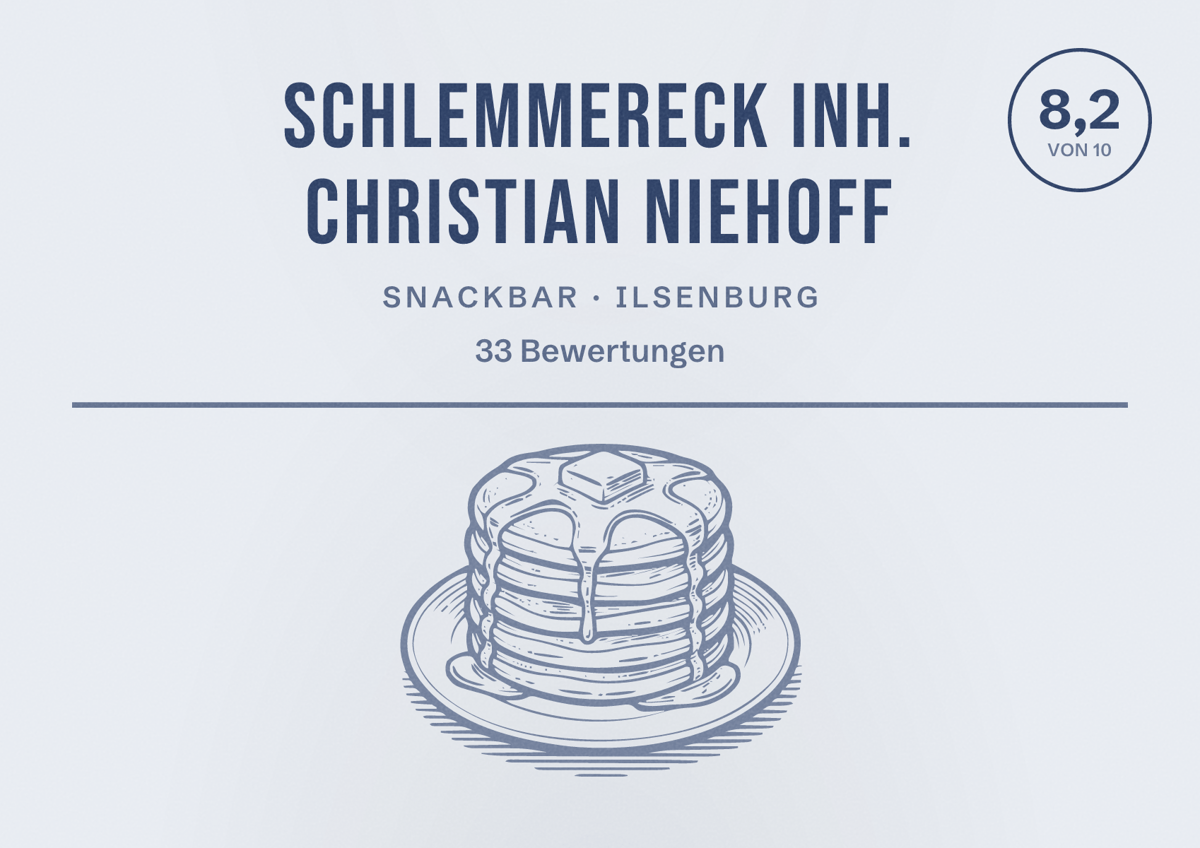 Illustriertes Poster von Schlemmereck Inh. Christian Niehoff, Snackbar in Ilsenburg: Bewertung 8,2 von 10 aus 33 Bewertungen