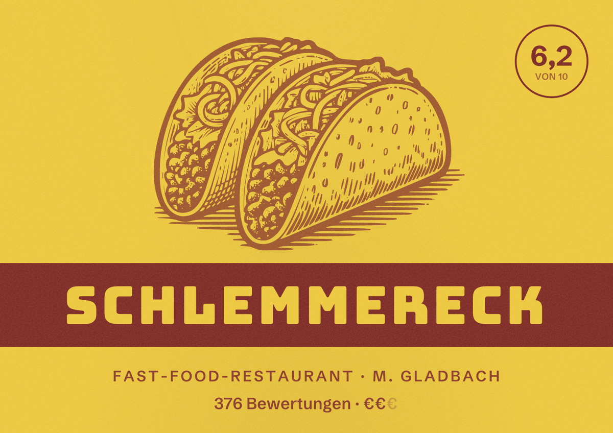 Illustriertes Poster von Schlemmereck, Fast-Food-Restaurant in M. Gladbach: Bewertung 6,2 von 10 aus 376 Bewertungen, Preisniveau €€