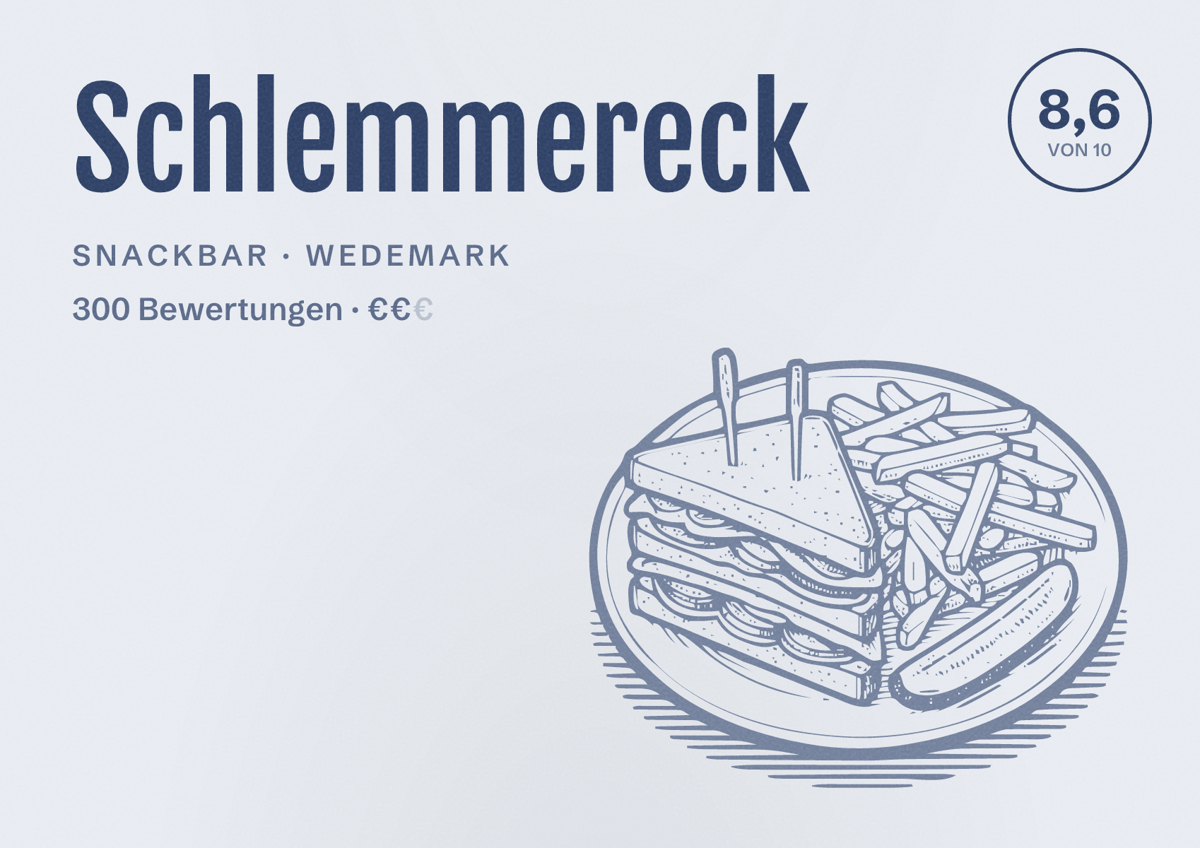 Illustriertes Poster von Schlemmereck, Snackbar in Wedemark: Bewertung 8,6 von 10 aus 300 Bewertungen, Preisniveau €€
