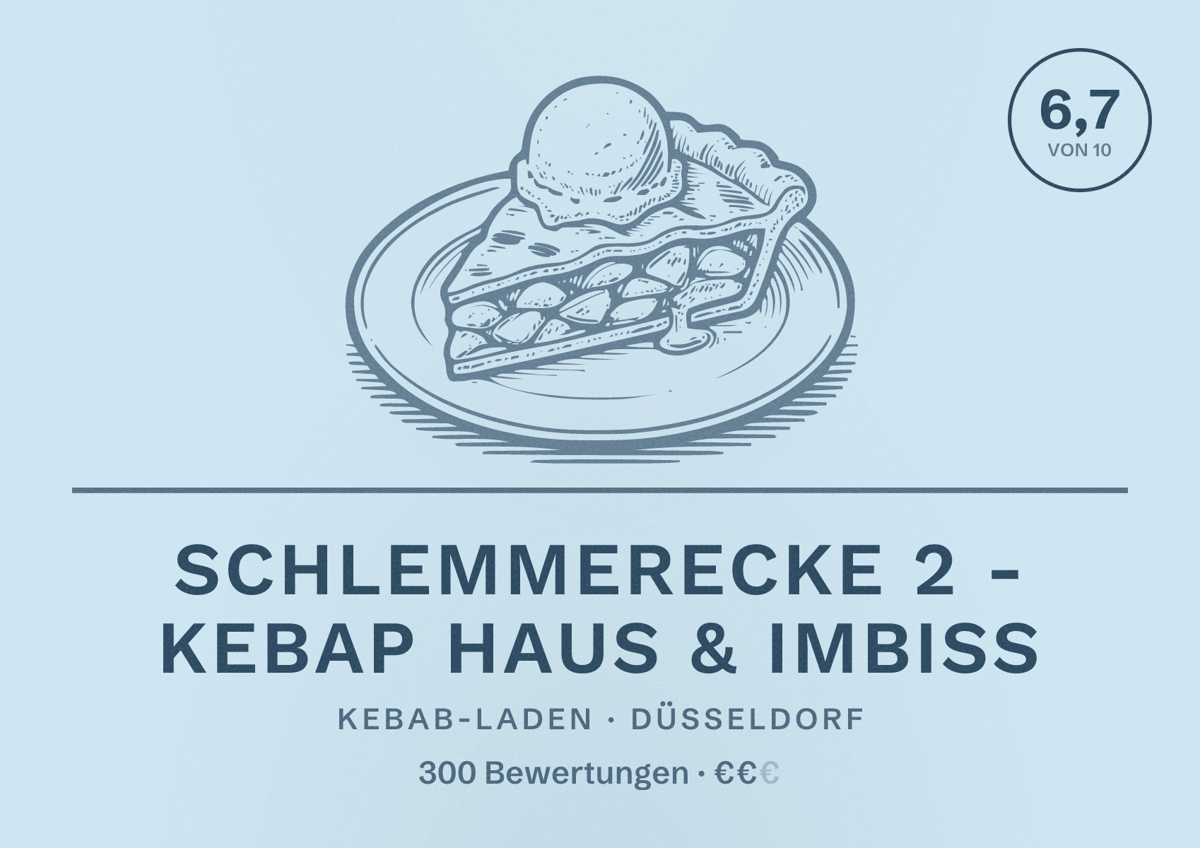 Illustriertes Poster von Schlemmerecke 2 - Kebap Haus & Imbiss, Kebab-Laden in Düsseldorf: Bewertung 6,7 von 10 aus 300 Bewertungen, Preisniveau €€