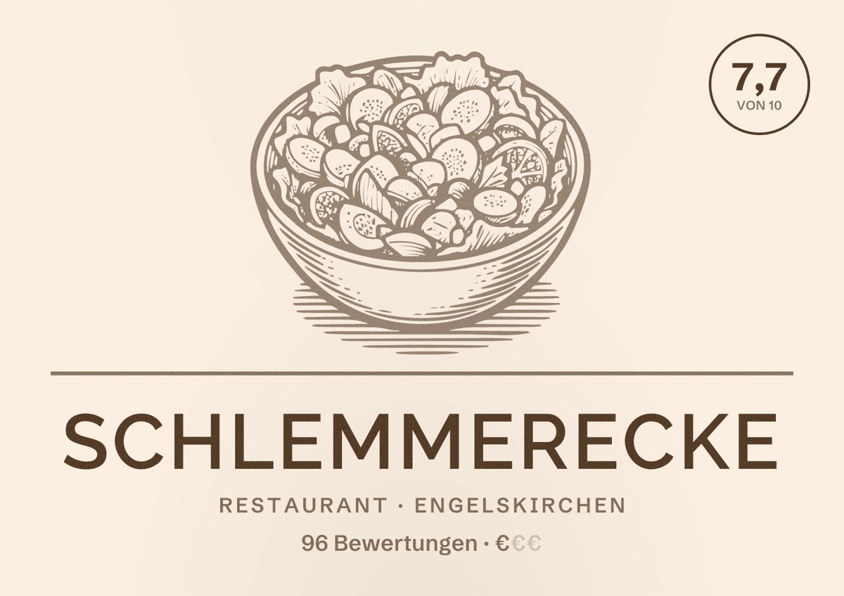 Illustriertes Poster von SCHLEMMERECKE, Restaurant in Engelskirchen: Bewertung 7,7 von 10 aus 96 Bewertungen, Preisniveau €