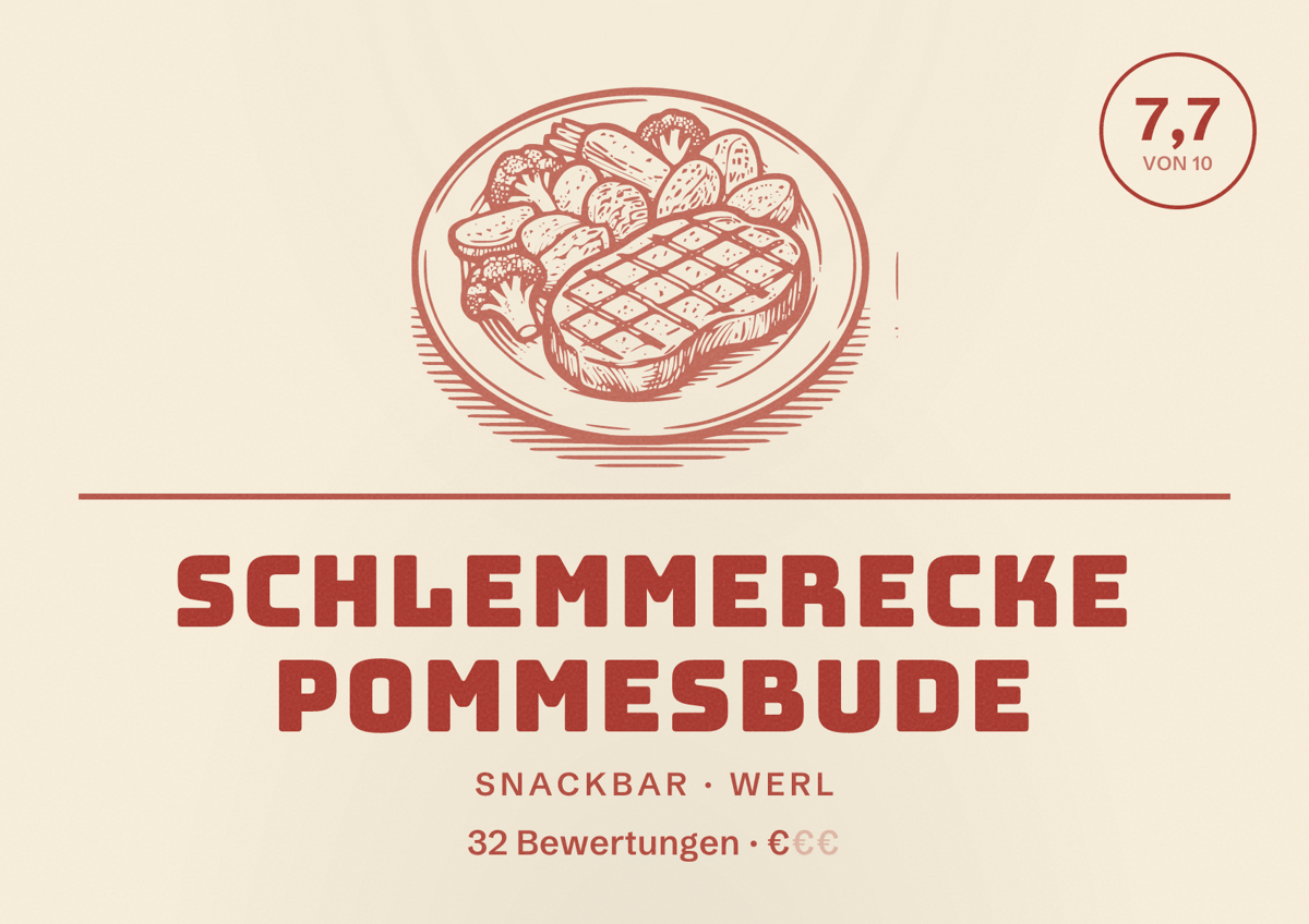 Illustriertes Poster von Schlemmerecke Pommesbude, Snackbar in Werl: Bewertung 7,7 von 10 aus 32 Bewertungen, Preisniveau €