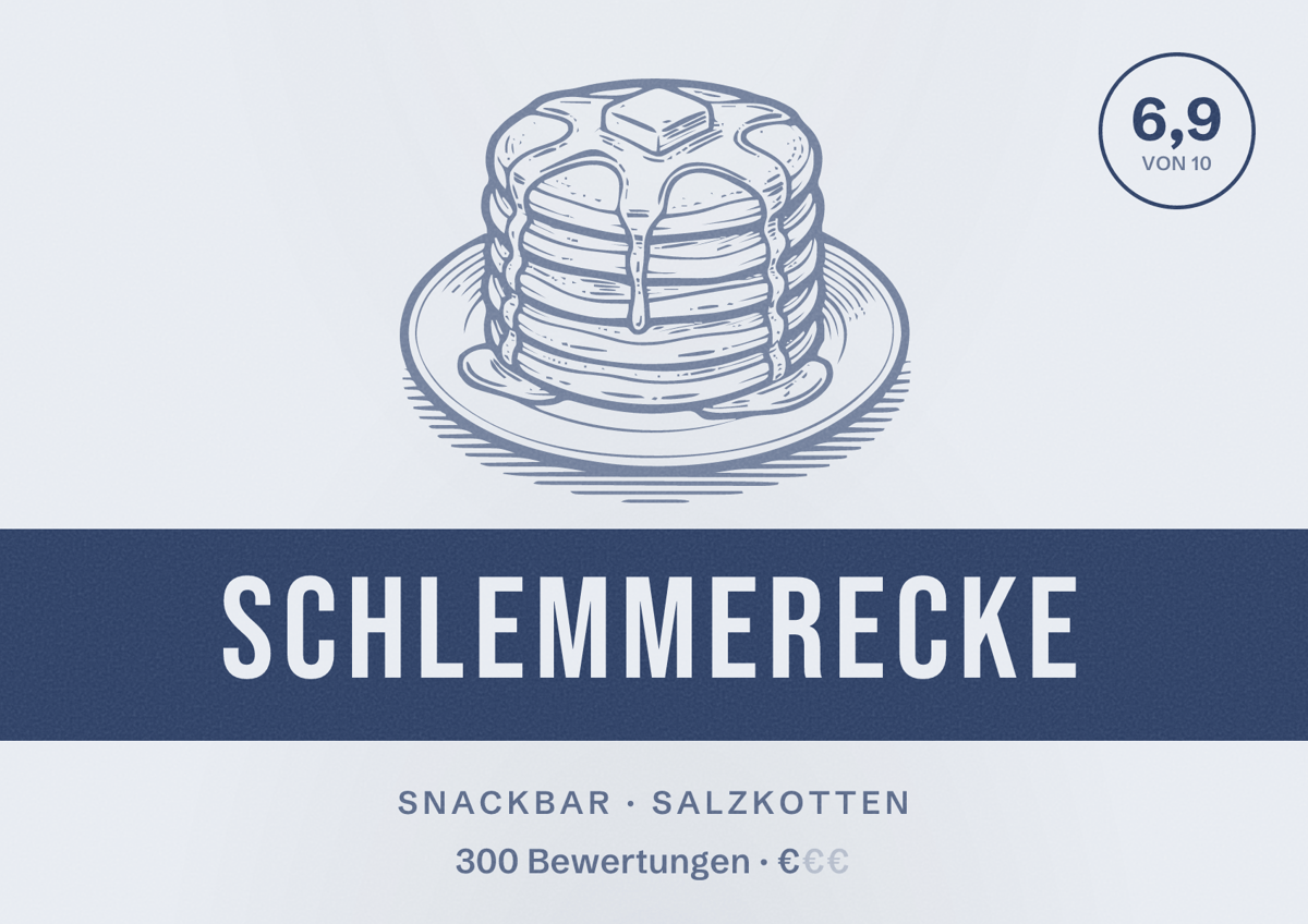 Illustriertes Poster von Schlemmerecke, Snackbar in Salzkotten: Bewertung 6,9 von 10 aus 300 Bewertungen, Preisniveau €