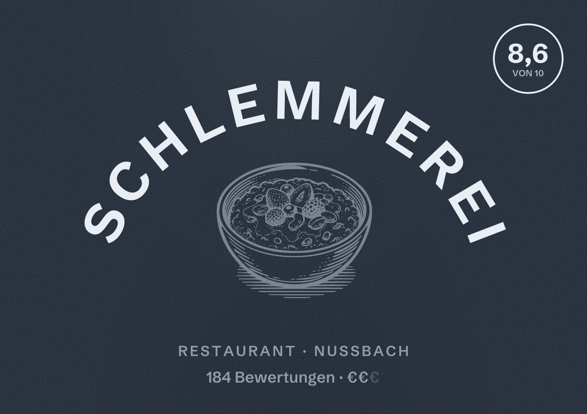 Illustriertes Poster von Schlemmerei, Restaurant in Nußbach: Bewertung 8,6 von 10 aus 184 Bewertungen, Preisniveau €€