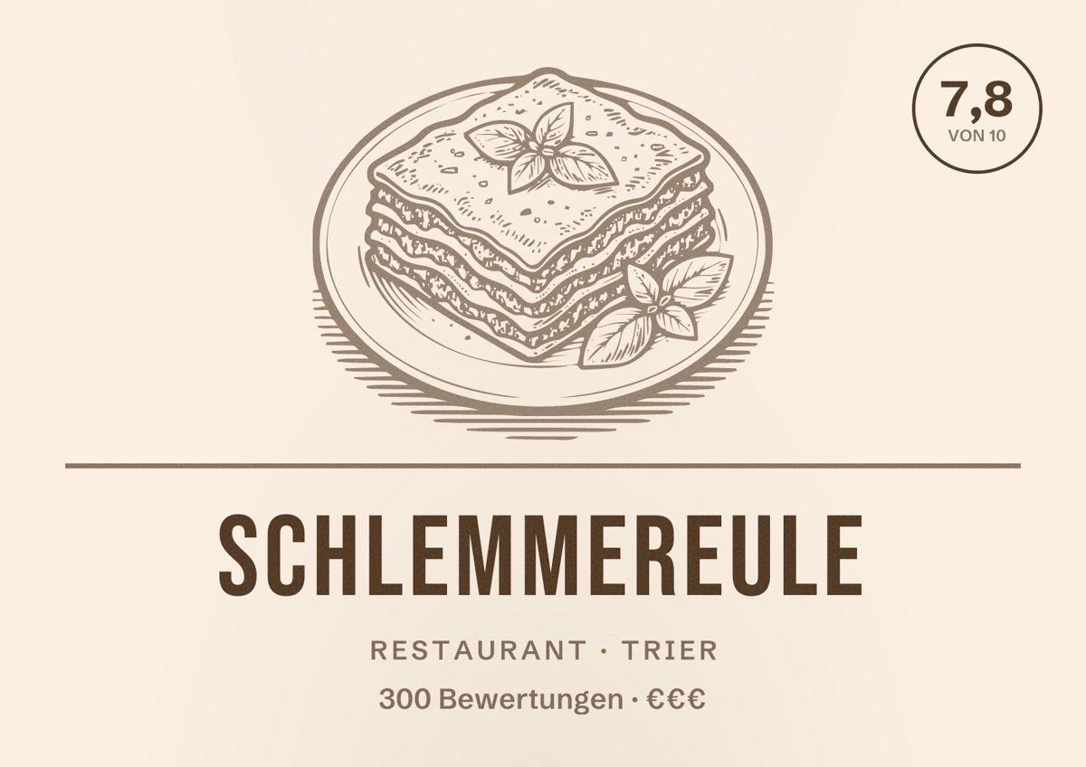 Illustriertes Poster von Schlemmereule, Restaurant in Trier: Bewertung 7,8 von 10 aus 300 Bewertungen, Preisniveau €€€