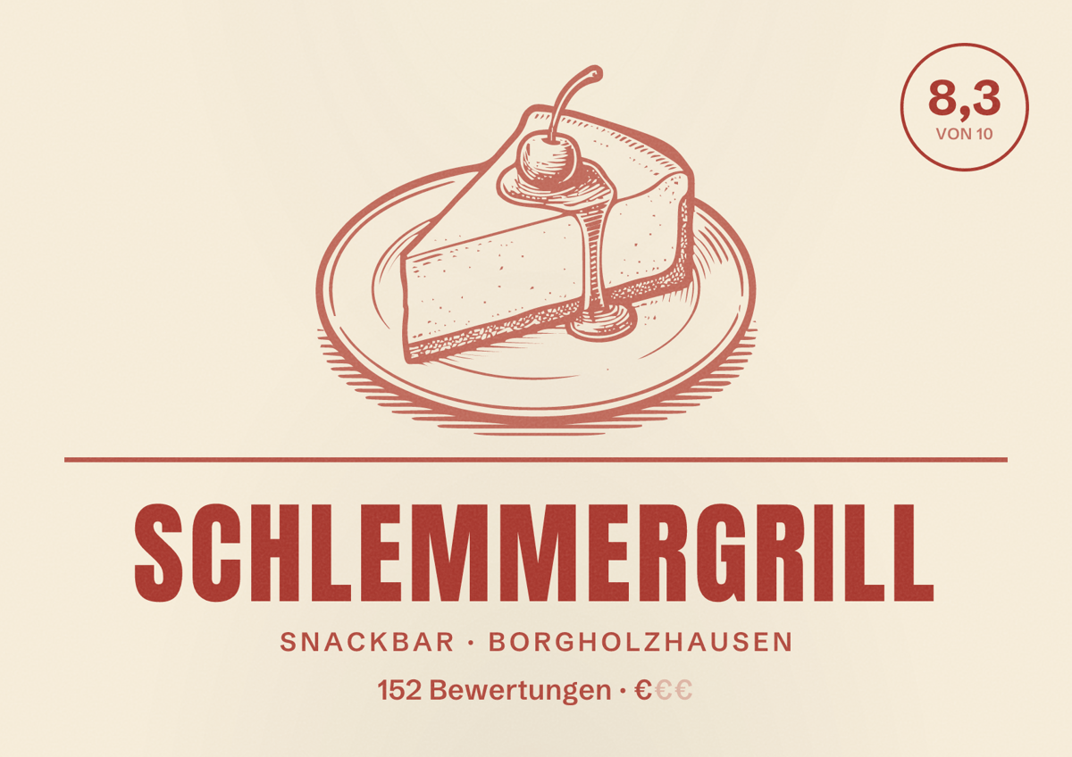 Illustriertes Poster von Schlemmergrill, Snackbar in Borgholzhausen: Bewertung 8,3 von 10 aus 152 Bewertungen, Preisniveau €