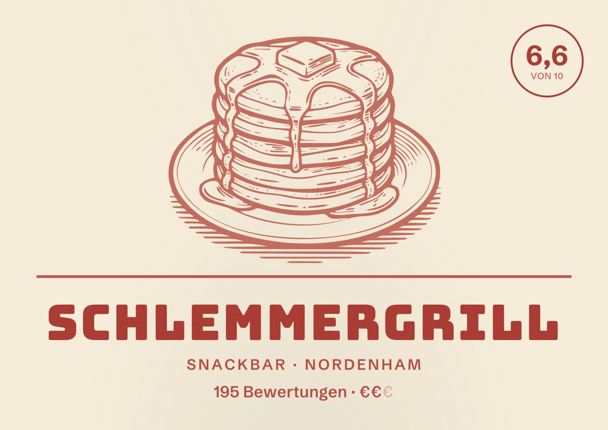 Illustriertes Poster von Schlemmergrill, Snackbar in Nordenham: Bewertung 6,6 von 10 aus 195 Bewertungen, Preisniveau €€
