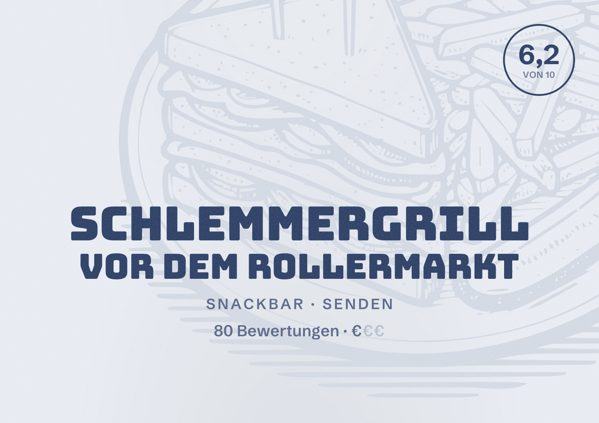 Illustriertes Poster von Schlemmergrill vor dem Rollermarkt, Snackbar in Senden: Bewertung 6,2 von 10 aus 80 Bewertungen, Preisniveau €