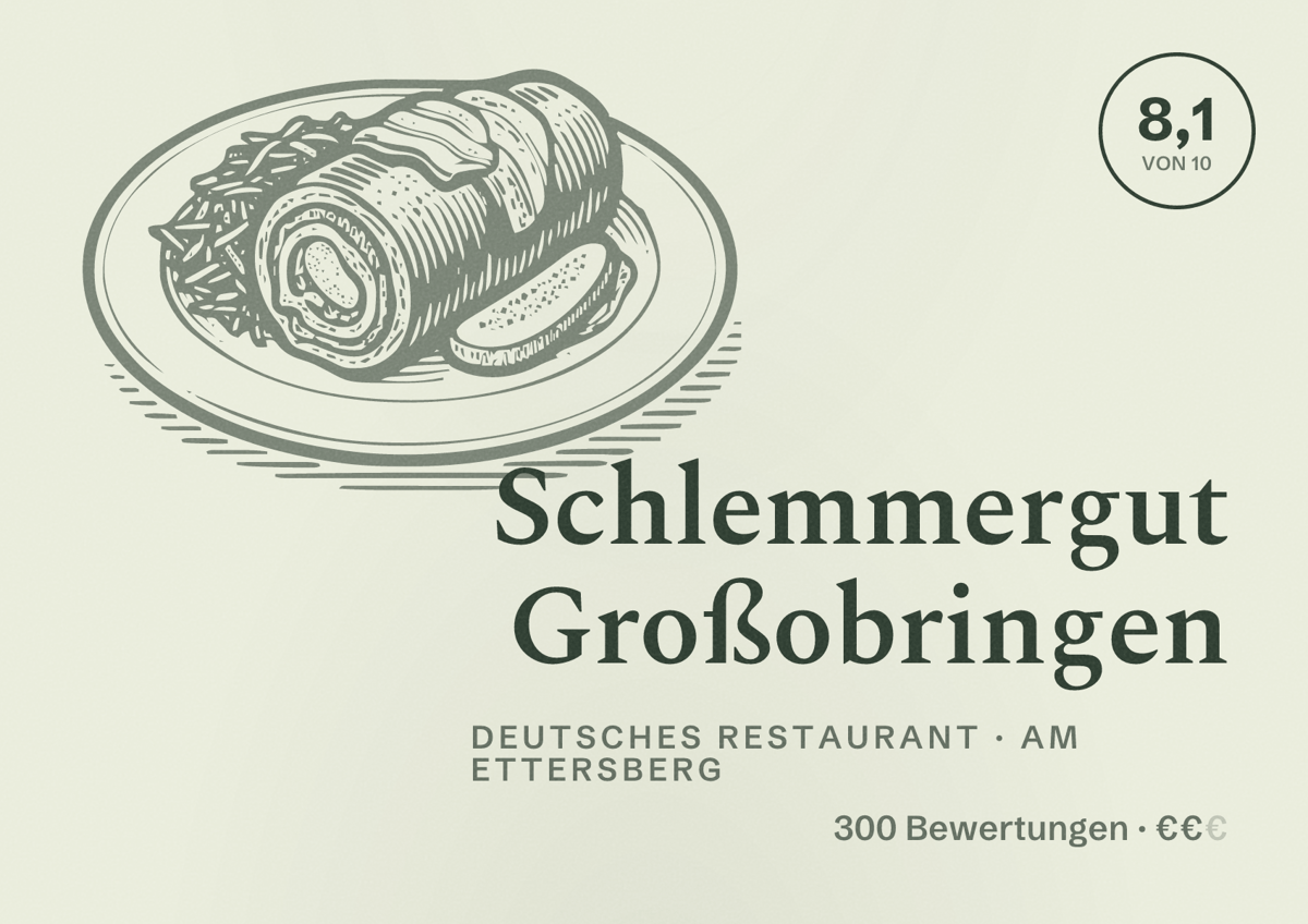 Illustriertes Poster von Schlemmergut Großobringen, Deutsches Restaurant in Am Ettersberg: Bewertung 8,1 von 10 aus 300 Bewertungen, Preisniveau €€