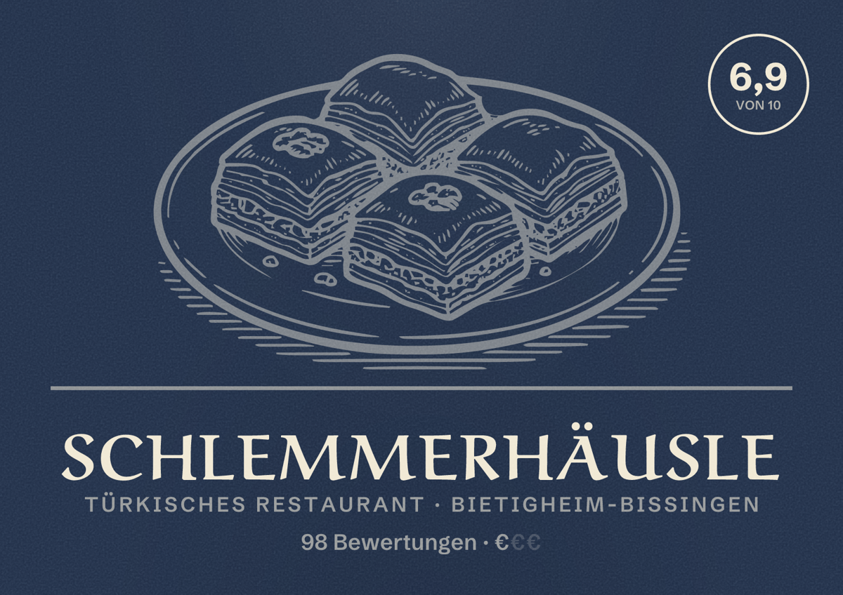 Illustriertes Poster von Schlemmerhäusle, Türkisches Restaurant in Bietigheim-Bissingen: Bewertung 6,9 von 10 aus 98 Bewertungen, Preisniveau €