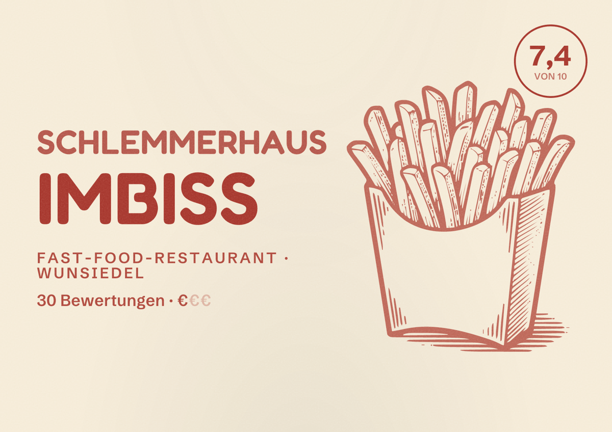Illustriertes Poster von Schlemmerhaus Imbiss, Fast-Food-Restaurant in Wunsiedel: Bewertung 7,4 von 10 aus 30 Bewertungen, Preisniveau €