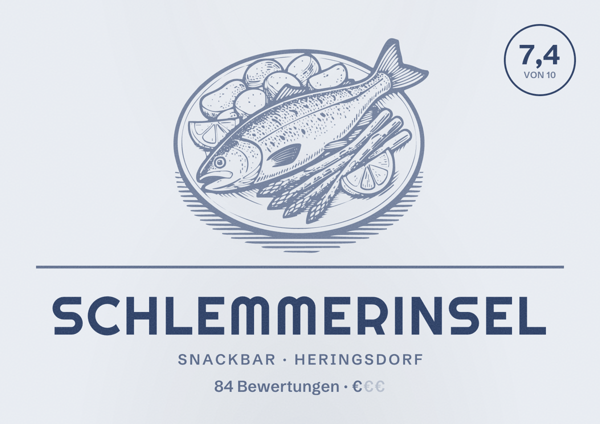 Illustriertes Poster von Schlemmerinsel, Snackbar in Heringsdorf: Bewertung 7,4 von 10 aus 84 Bewertungen, Preisniveau €