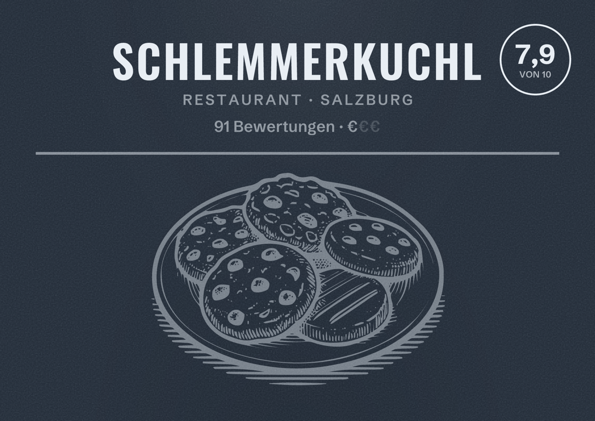 Illustriertes Poster von Schlemmerkuchl, Restaurant in Salzburg: Bewertung 7,9 von 10 aus 91 Bewertungen, Preisniveau €