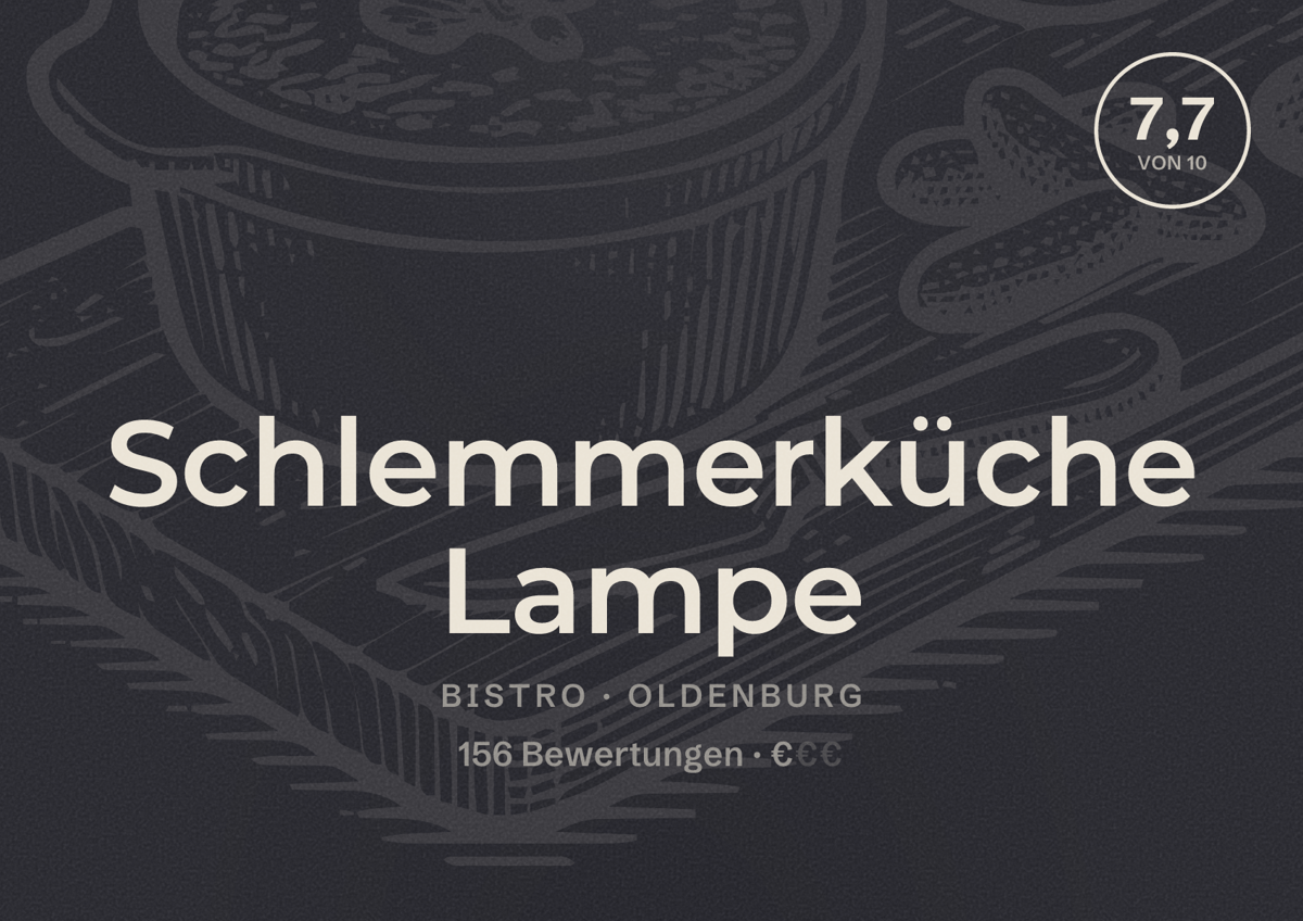 Illustriertes Poster von Schlemmerküche Lampe, Bistro in Oldenburg: Bewertung 7,7 von 10 aus 156 Bewertungen, Preisniveau €