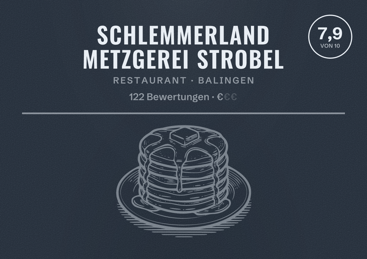 Illustriertes Poster von Schlemmerland Metzgerei Strobel, Restaurant in Balingen: Bewertung 7,9 von 10 aus 122 Bewertungen, Preisniveau €