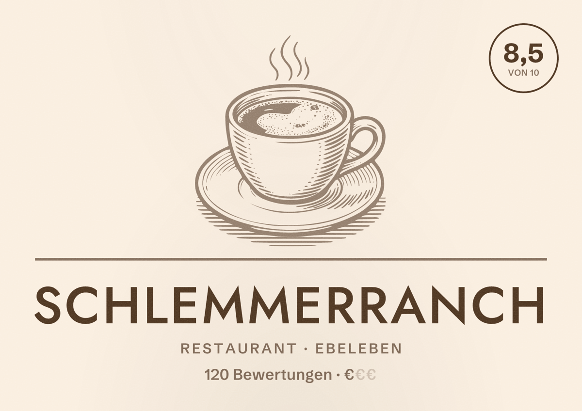 Illustriertes Poster von Schlemmerranch, Restaurant in Ebeleben: Bewertung 8,5 von 10 aus 120 Bewertungen, Preisniveau €