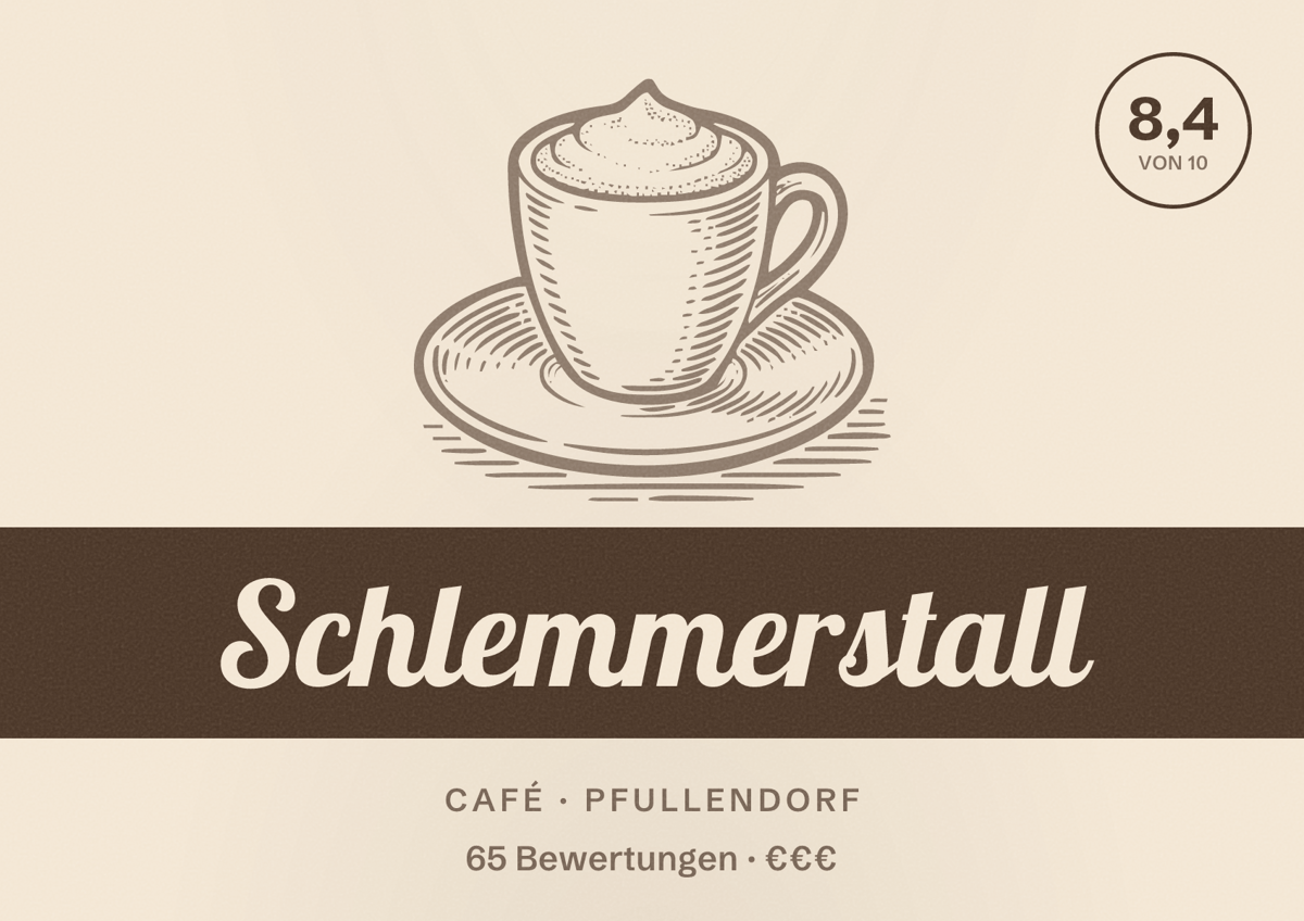 Illustriertes Poster von Schlemmerstall, Café in Pfullendorf: Bewertung 8,4 von 10 aus 65 Bewertungen, Preisniveau €€€