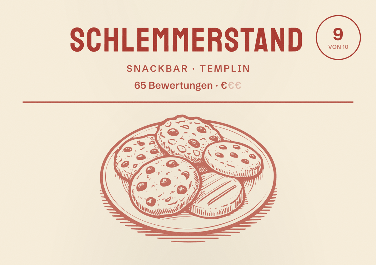 Illustriertes Poster von Schlemmerstand, Snackbar in Templin: Bewertung 9 von 10 aus 65 Bewertungen, Preisniveau €
