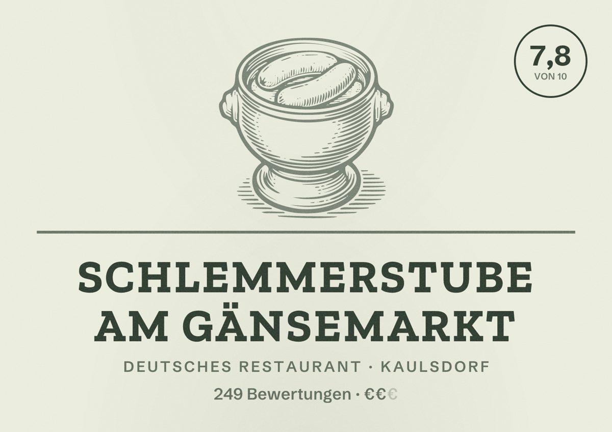 Illustriertes Poster von Schlemmerstube am Gänsemarkt, Deutsches Restaurant in Kaulsdorf: Bewertung 7,8 von 10 aus 249 Bewertungen, Preisniveau €€