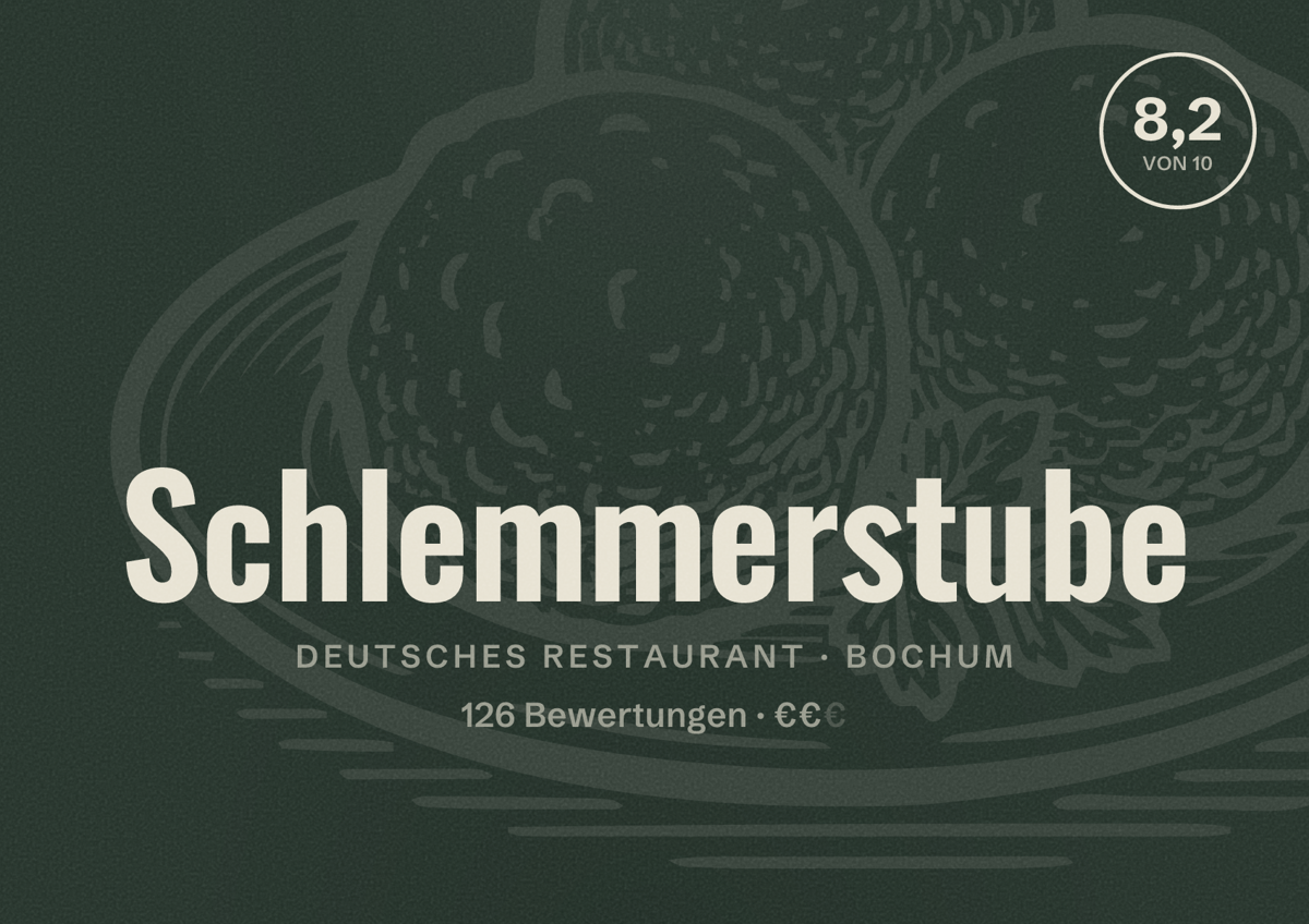 Illustriertes Poster von Schlemmerstube, Deutsches Restaurant in Bochum: Bewertung 8,2 von 10 aus 126 Bewertungen, Preisniveau €€