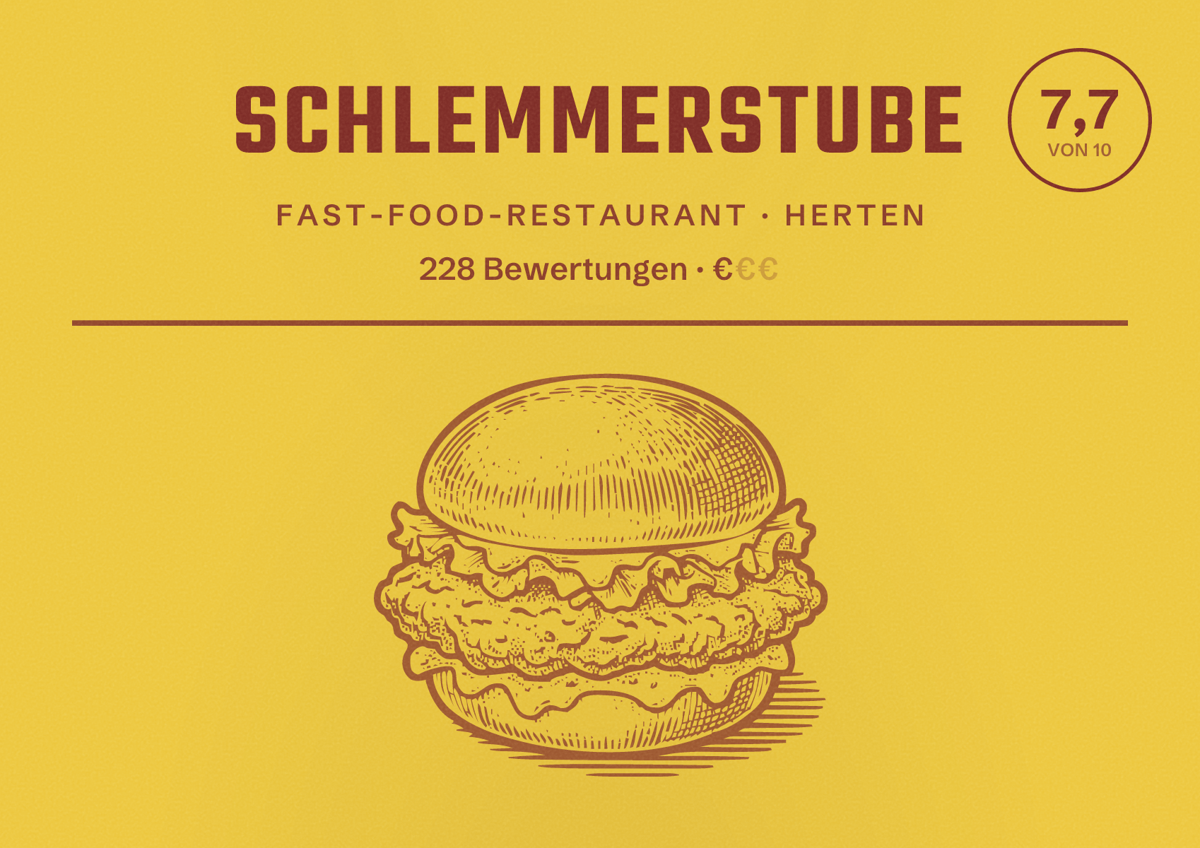 Illustriertes Poster von Schlemmerstube, Fast-Food-Restaurant in Herten: Bewertung 7,7 von 10 aus 228 Bewertungen, Preisniveau €